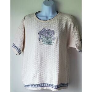 Vintage Chelsea Gardens Womens Tan Floral Short Sleeve Sweater SzMed Granny 80s